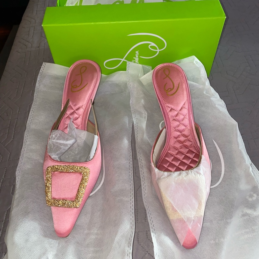 Sam Edelman Pink Heeled Mules with Sparkling Buckle - Picture 6 of 8